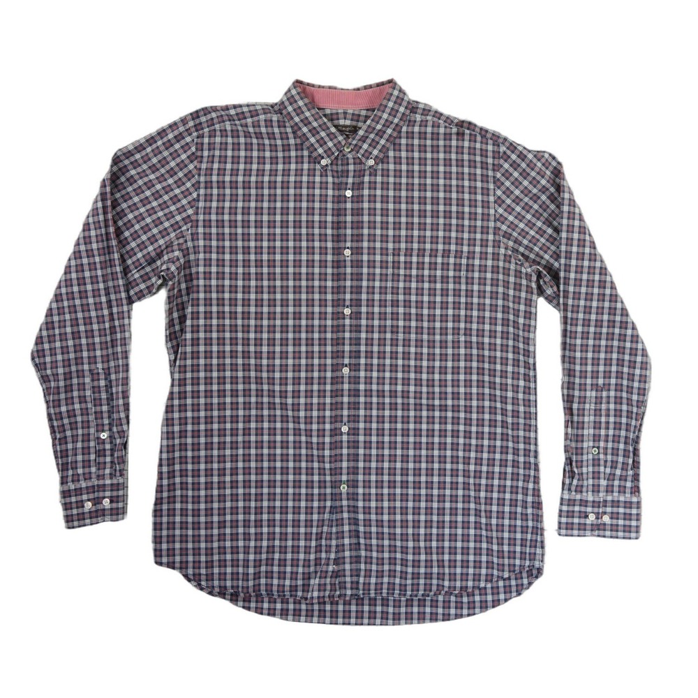 J McLaughlin Shirt Men's Size XL Trim Fit Navy Red Plaid Button Down 100% Cotton